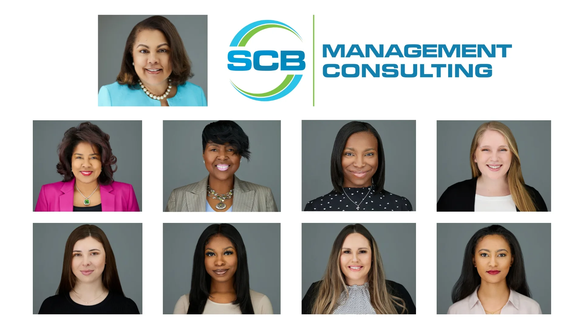 SCB Management Solutions corporate team headshots grid with consistent professional styling